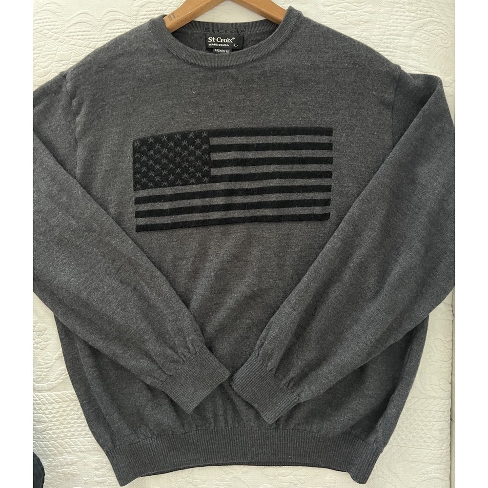 St Croix Luxury American Flag Sweater Mens L 100% Wool Intarsia USA Made Gray